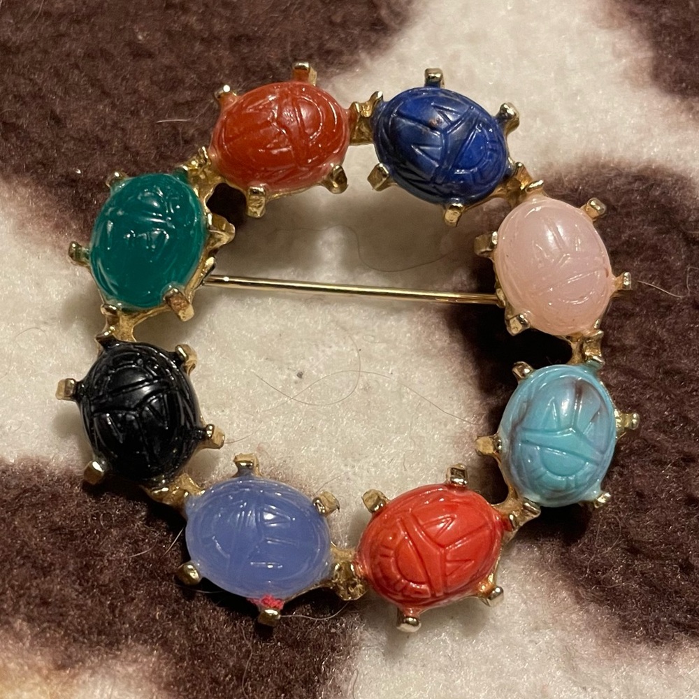 Vintage Carved Scarab Circular Brooch Gold Tone  Sash Pin Egyptian Revival